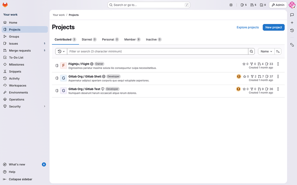 Projects page with the new UI.